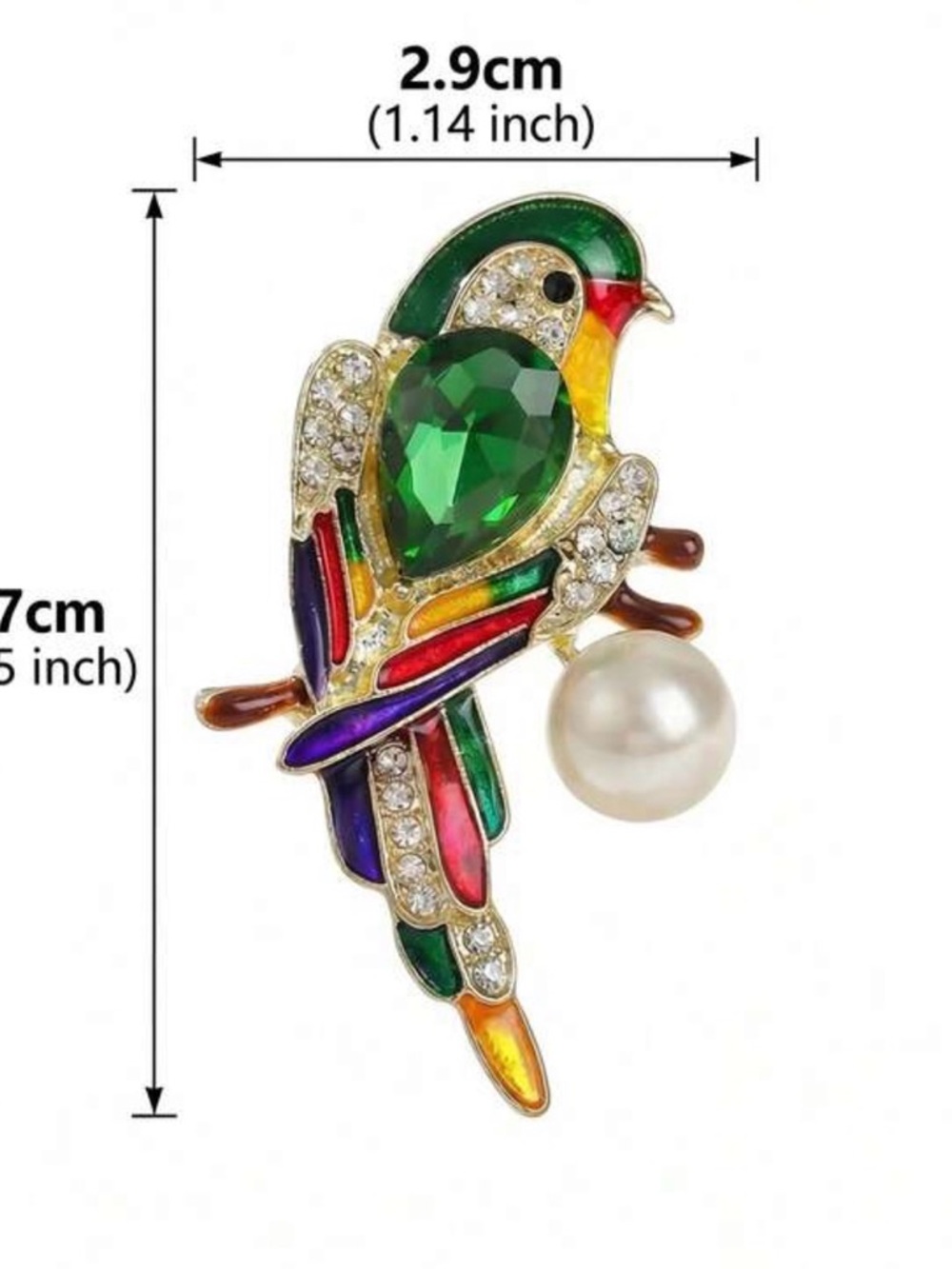 Fashion Bird Brooch Pin in Green with Multicolor Accent - Picture 2 of 3